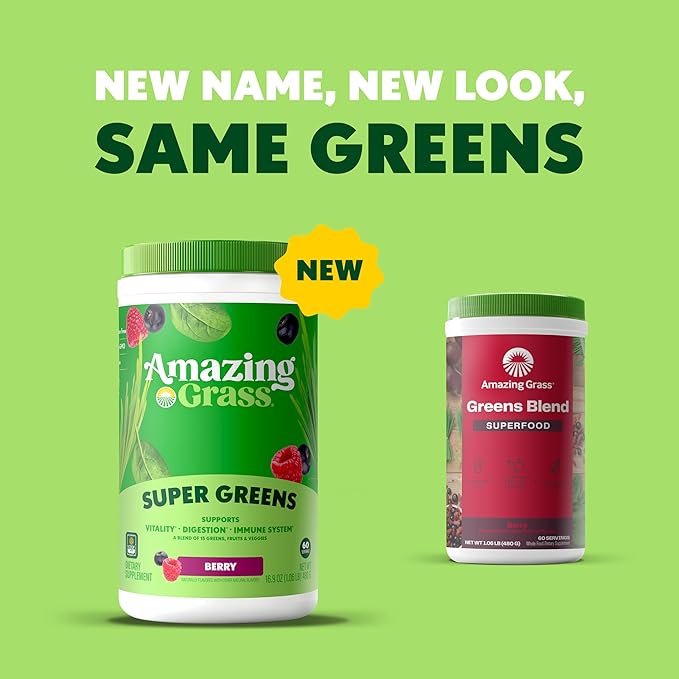 Amazing Grass Greens Blend Superfood: Super Greens Powder Smoothie Mix with SpirulinaChlorellaBeet Root PowderDigestive Enzymes &amp ProbioticsBerry60 Servings (Packaging May Vary)(Pack of 2)