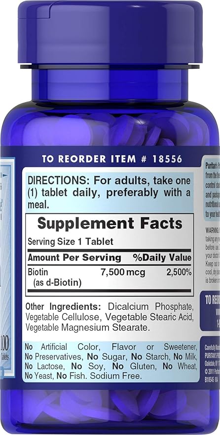 Puritan's Pride Biotin 7500 mcg Healthy Hair Support 100 Count 100 Count (Pack of 1)