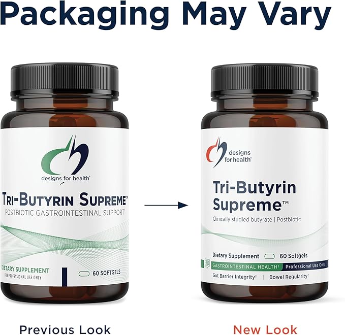 Designs for Health Tri-Butyrin Supreme - 3-in-1 Butyric Acid (Butyrate) Postbiotics for Gut Health &amp Gut Permeability Support - Tributyrin Supplement with Odor-Minimizing Innovation (60 Softgels)