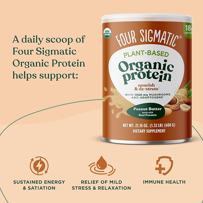 Four Sigmatic Organic Plant-Based Protein Powder Bundle with Peanut Butter Vanilla Flavors Mushrooms and Adaptogens | 21.16 oz