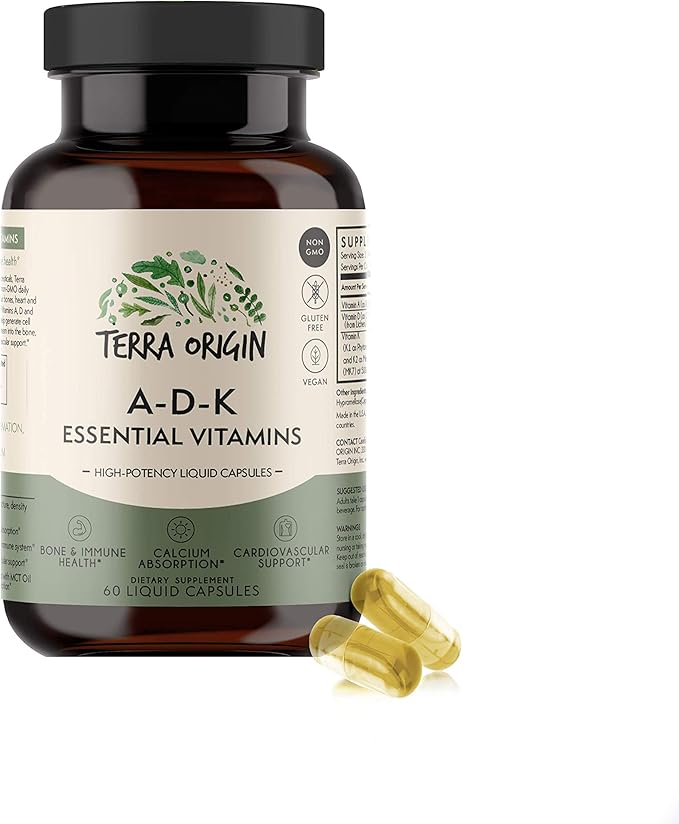 TERRA ORIGIN ADK Essential Vitamin Supplement | 60 Liquid Capsules | High Potency Vitamin A D 5000 IU K1 and K2 | Non GMO Gluten Free Vegan Made in USA