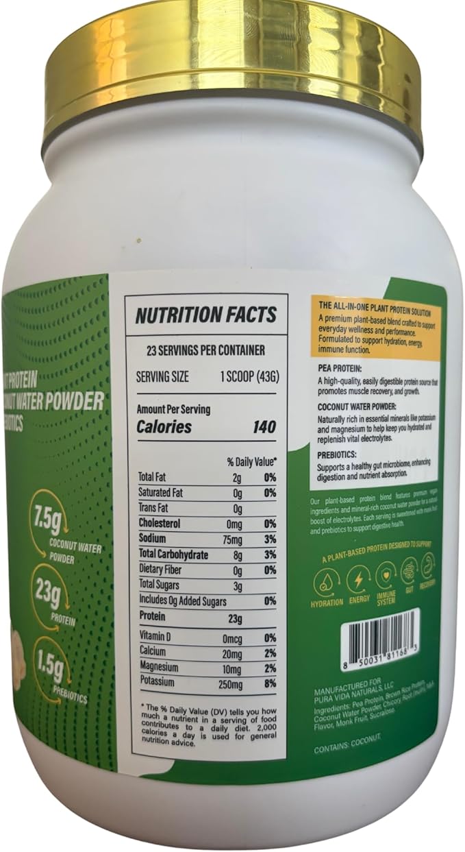 Vegan Pea Protein Powder + Gut Health + Hydration | Vanilla | 23g | Gluten-Free Lactose-Free Sugar Free Keto Low Carb Prebiotics Electrolytes