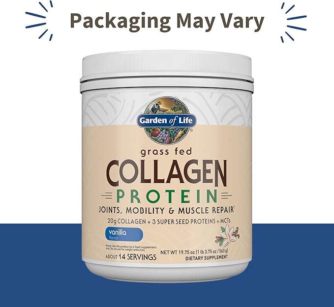 Garden of Life Grass Fed Collagen Protein Powder - Vanilla 14 Servings Powder for Joints Mobility Muscle Repair Collagen Peptides + Super Seeds + Coconut MCTs Keto Supplement