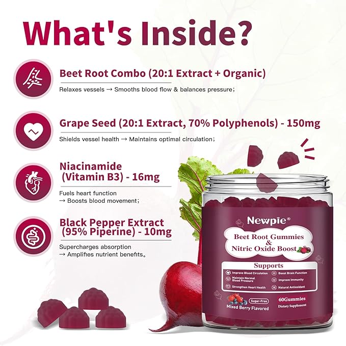 Beet Root GummiesSuper Nitric Oxide Beets SupplementGrape Seed&ampBlack Pepper ExtractVitamin C &amp B12Supports Blood Pressure&ampEnergyMixed Berry20:1 Beetroot120 Beet Chews