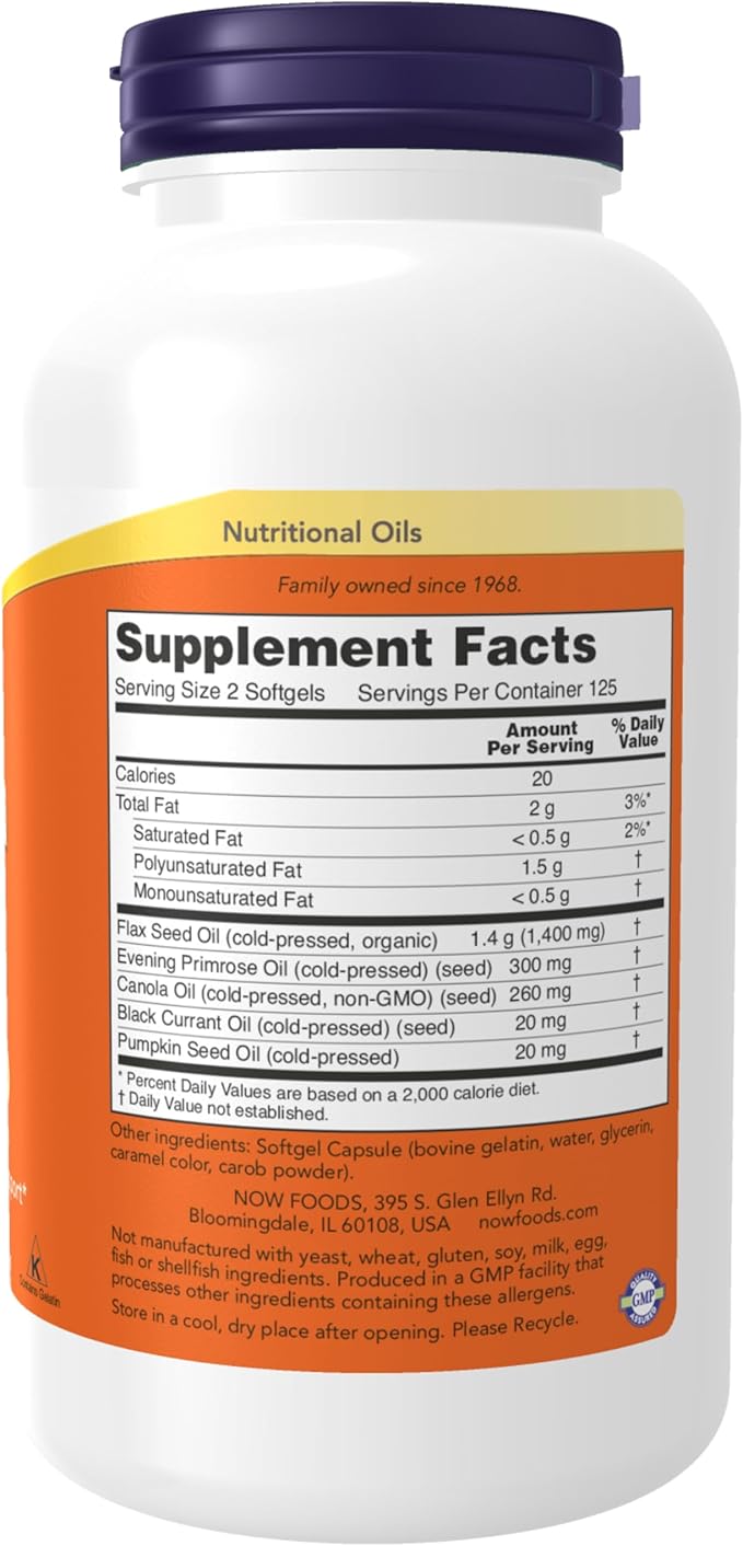 NOW Foods Supplements Omega 3-6-9 1000 mg with a Blend of Flax Seed Evening Primrose Canola Black Currant and Pumpkin Seed Oils 250 Softgels (Pack of 2)