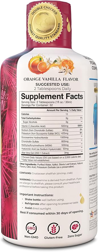 Joint Complete Premium- Liquid Joint Supplement w/Glucosamine Chondroitin MSM Hyaluronic Acid – for Bone Joint Health - 96% Max Absorption– 32oz 32 serv