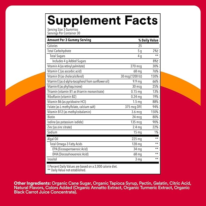 SmartyPants Multivitamin for Men &amp Women Multivitamin Gummies with Omega 3 (DHA/EPA) Vitamin D3 C Vitamin B12 B6 A K &amp Zinc Biotin Gluten Free 90 Count (30 Day Supply)