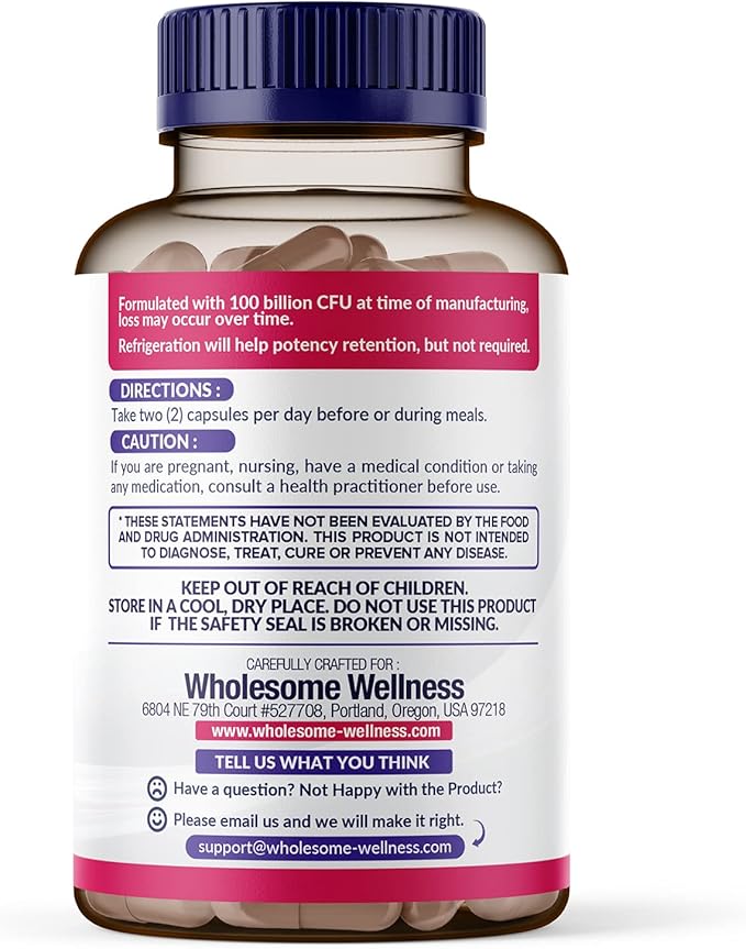Wholesome Wellness Dr. Formulated Raw Probiotics for Women 100 Billion CFUs Capsules with Prebiotics Digestive Enzymes Approved for Adults Shelf Stable Supplement
