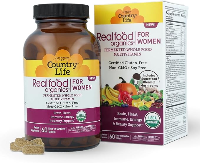 Country Life Realfood Organics Women’s Multivitamin – USDA Organic Vegan Gluten-Free – 1300mg Fermented Whole Foods Vitamins D E B Folate &amp Biotin – Daily Energy &amp Beauty – 60 Tablets