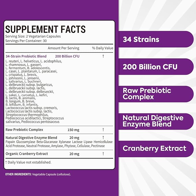 Women's Probiotic 200 Billion CFU Prebiotics + Digestive Enzymes + Cranberry 60 Caps