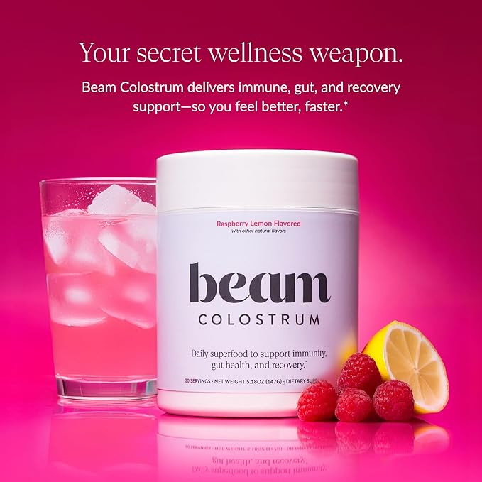Beam Colostrum Powder – Grass-Fed Bovine Colostrum Supplement 3g Per Serving Colostrum for Gut Health Immune System &amp Digestive Health Support Raspberry Lemon Flavor 30 Servings