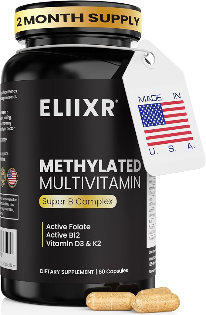 Eliixr Methylated Multivitamin 27-in-1 Formula with 1500 mcg Active Folate Methylated B12 K2 D3 B-Complex and more Women and Mens Multivitamins 60 Vegan Capsules 2 month supply Made in the USA