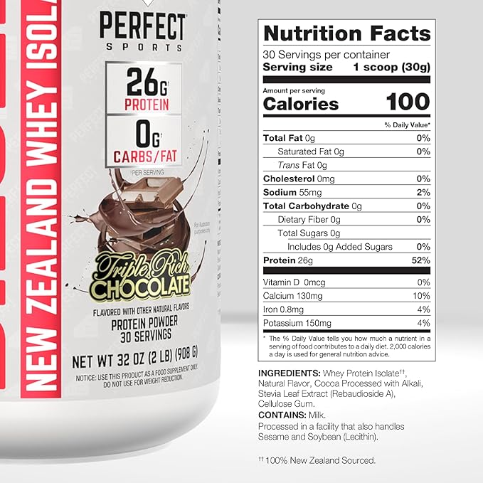 PERFECT SPORTS Diesel 100% New Zealand Whey Protein Isolate | Stevia Sweetened No Artificial Ingredients Keto | 0g Carb 0g Fat 26g Protein | 2 Pounds (Triple Rich Dark Chocolate)