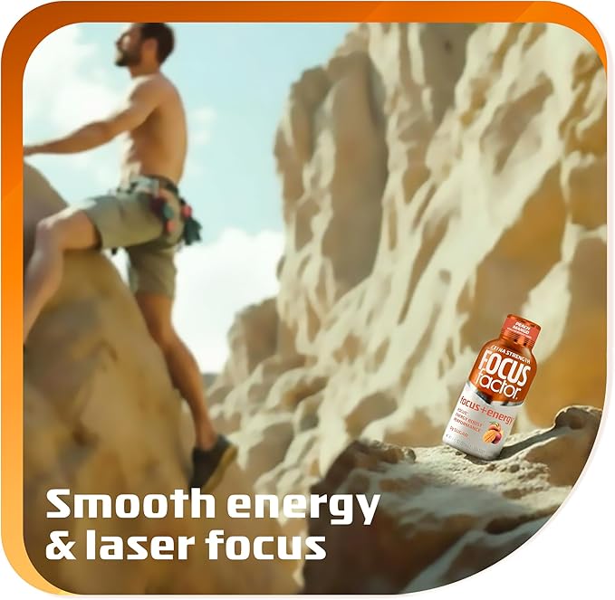 Focus Factor Extra Strength Focus + Energy Shots - 12 x 2oz Bottles (Peach Mango Flavor) - Powered by Nootropics with Caffeine L-Theanine Ginkgo Bacopa L-Tyrosine Alpha GPC