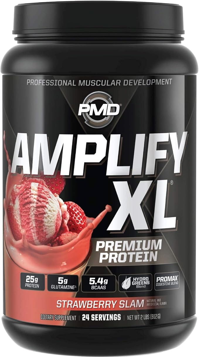 PMD Sports Amplify XL Premium Whey Protein Supplement Hydro Greens Blend - Glutamine and Whey Protein Matrix with Superfood for Muscle Strength and Recovery - Strawberry Slam (24 Servings)