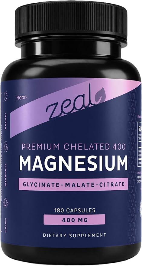 Zeal Naturals Triple Magnesium Complex Supplement - Glycinate Malate Citrate | 400mg 180 Capsules | High Absorption Chelated Magnesium for Sleep Mood Muscle Recovery Relaxation