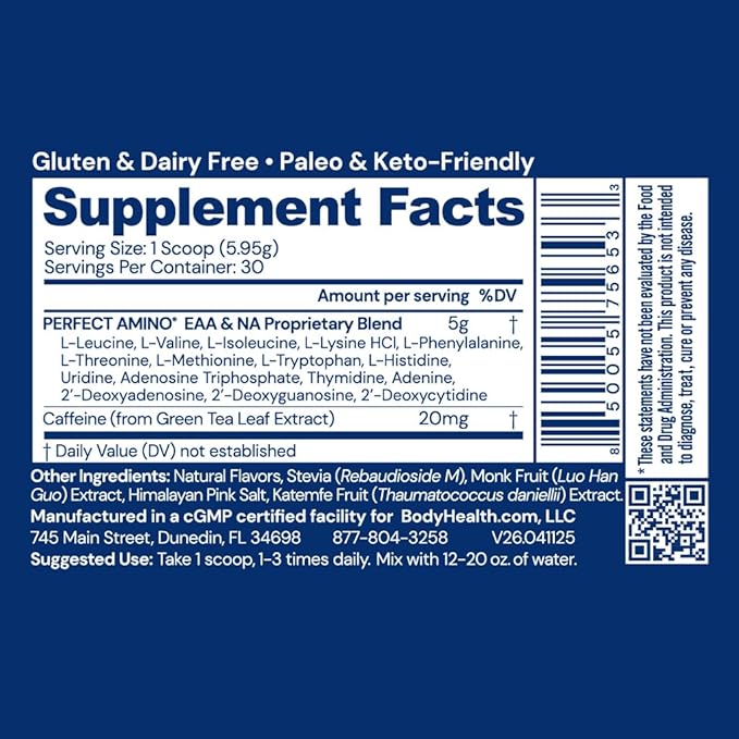 BodyHealth PerfectAmino Powder - BCAA and EAA Powder for Pre and Post Workout - Amino Acid Energy Drink for Men and Women to Support Lean Muscle and Recovery - Mocha - 30 Servings