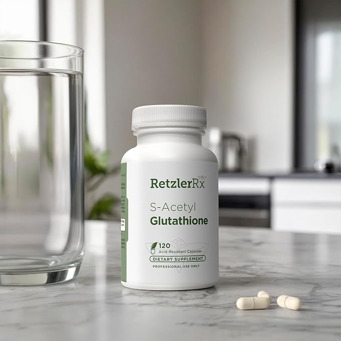 RetzlerRx S-Acetyl Glutathione Supplement 100 mg. per Capsule Made in USA - 120 Acid-Resistant Capsules - Antioxidant Support - Non-GMO Soy &amp Gluten-Free / Bergaflow® Pharmaceutical Grade
