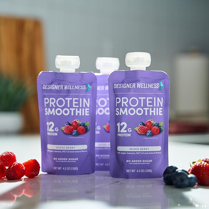 Designer Wellness Protein Smoothie Real Fruit 12g Protein Low Carb Zero Added Sugar Gluten-Free Non-GMO No Artificial Colors or Flavors Mixed Berry 12 Count