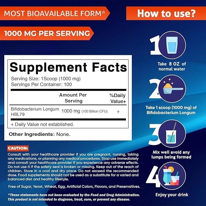 Vitamatic Bifidobacterium Longum Probiotic Powder - Digestive Health Support - 100 Gram (3.5 OZ) - 100 Servings