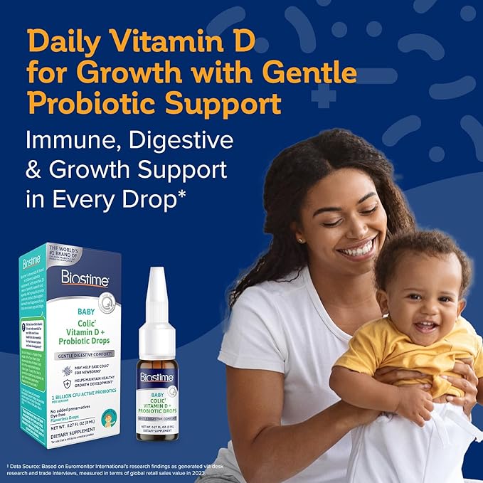 Biostime Baby Vitamin D &amp Colic Probiotic Drops for Newborns to 3 Years Old | 100% Daily Values Vitamin D for Bone &amp Immune Support – Eases Colic &amp Digestion| 32 Serving
