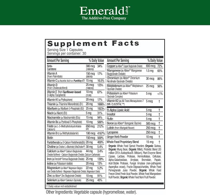Emerald Labs Prenatal 1-Daily Multi - Prenatal Multivitamin with Methylated Folate Iron Whole-Food Blend &amp More - Soy-Free Gluten-Free - 30 Vegetable Capsules