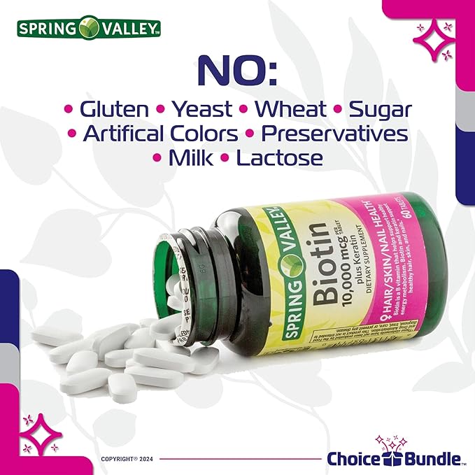 Choice Bundle Spring Valley Biotin Softgels 1000mcg Dietary Supplement for Hair Skin Nail Health 150 Ct 2 pk (300 Total) + Vitamin Guide &amp Pill Container (4 Items)!