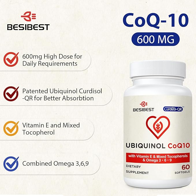 Ubiquinol CoQ10-600mg-Softgel Active Coq10 Ubiquinol Supplement with Vitamin E &amp Omega 3 6 9 High Absorption-Coenzyme-Q10 Powerful Antioxidant for Energy Production Tested 480 Count