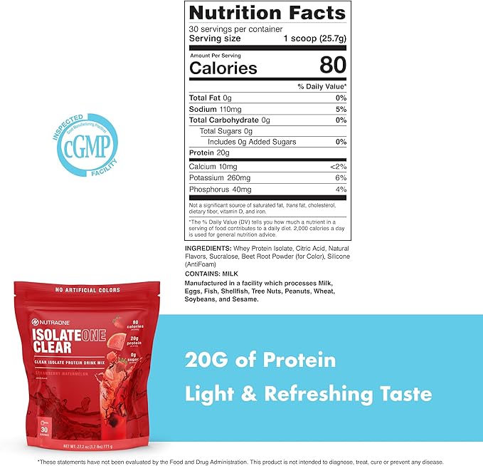 NutraOne Clear Whey Protein Powder Drink Mix Naturally Flavored Clear Protein Drink 20g of Protein Zero Sugar (Strawberry Watermelon - 30 Servings)