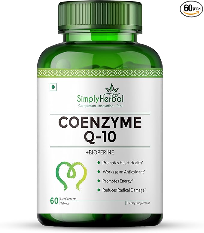 Simply Herbal CoQ10 Natural Coenzyme Q10 Tablets 200mg with Bioperine Antioxidant Supplements Designed for Enhanced Absorption Support for Heart Health and Energy Metabolism - 60 Tablets