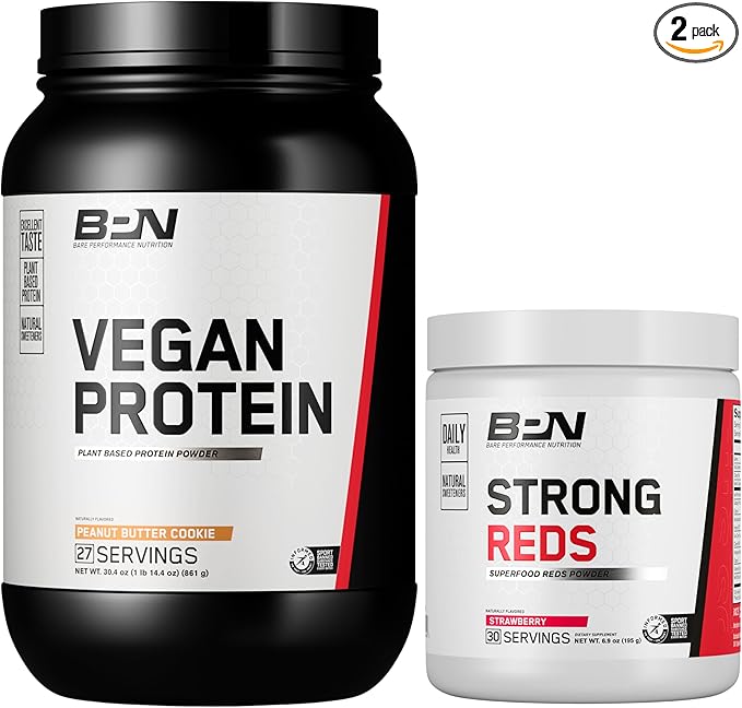 BARE PERFORMANCE NUTRITION BPN Vegan Peanut Butter Cookie Protein + Strong Reds Strawberry Bundle