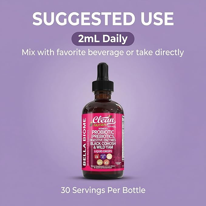 Liquid Probiotics for Women Drops with Chasteberry Black Cohosh Prebiotics Digestive Enzymes Evening Primrose Oil Wild Yam Cranberry Dmannose and Iron Vitamin D3 K2 Clean Nutra Bella Biotics