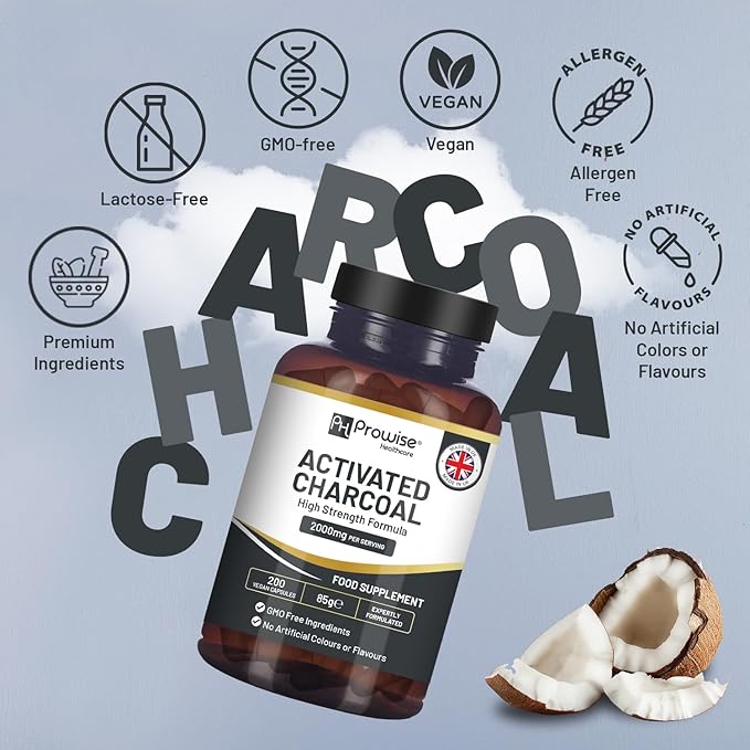 Activated Charcoal Capsules - 200 High Strength Vegan Capsules- 2000mg per Serving I Made in The UK by Prowise Healthcare