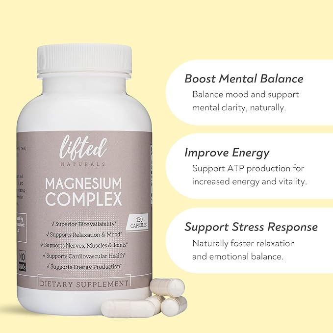 Magnesium Complex - Lifted Naturals Magnesium Supplement w/Bisglycinate Malate Taurate - 120 Capsules - Bioavailable Magnesium Formula for Mood Sleep Energy Support*
