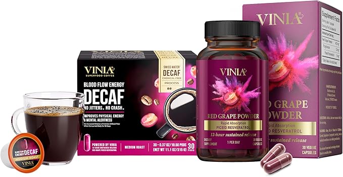 VINIA Blood Flow Energy Bundle | Piceid Resveratrol Capsules (30 Count) + Decaf Coffee K-Cup Pods (30 Count) | Nitric Oxide &amp Heart Health Support | Caffeine-Free Energy | Non-GMO