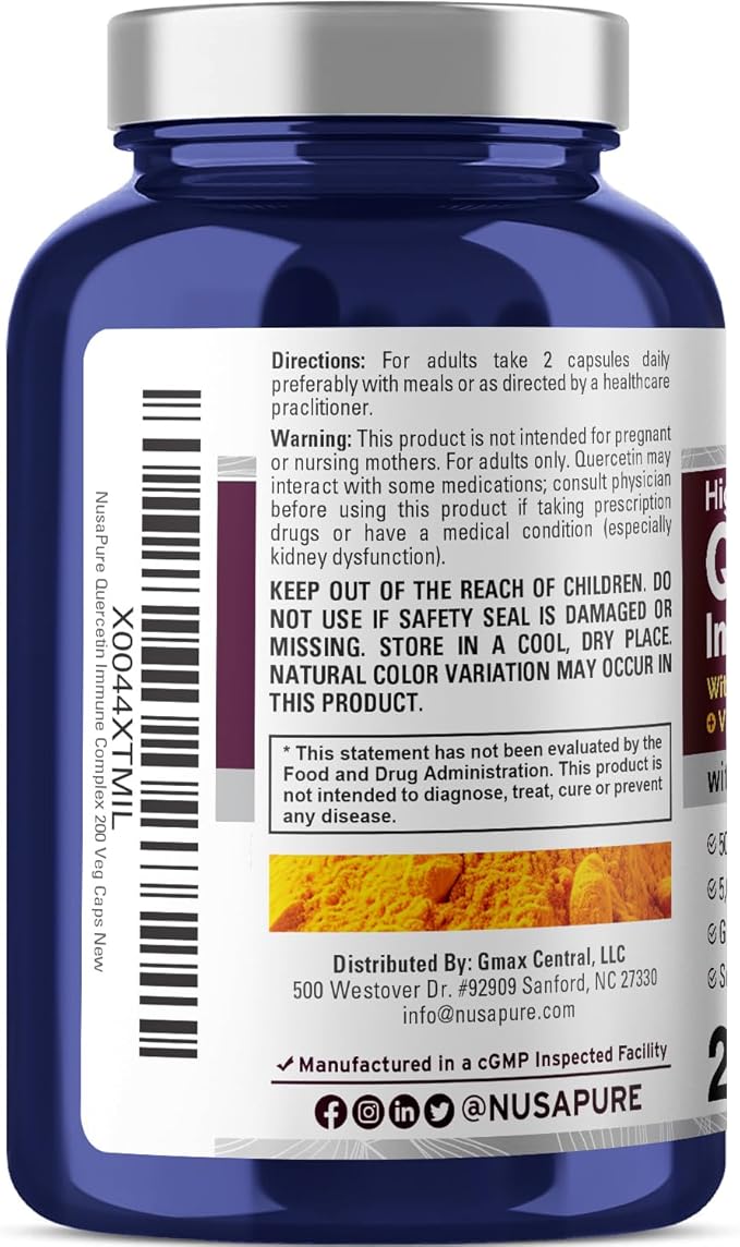 NusaPure Quercetin Complex: Bromelain Vitamin C Vitamin D3 Stinging Nettle Zinc | 200 Veggie Caps (Non-GMO Bioperine)