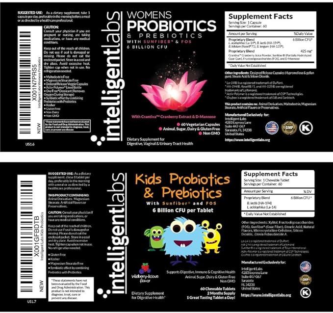 Intelligent Labs 2-in-1 Bundle of Kids’ Probiotics with Hydrolyzed Guar Gum and FOS + Women’s Probiotics (UTI Formula with Cranberry &amp D-Mannose) No Refrigeration Required 2 Months Supply Per Bo