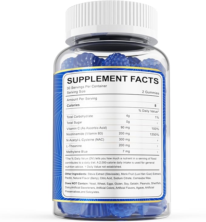 Methylene Blue Gummies for Humans Brain Supplement with NAC VIT B3 &amp L-Theanine Brain &amp Mitochondrial Support Enhances Energy Focus and Cognitive Clarity Sugar Free 120 Ct