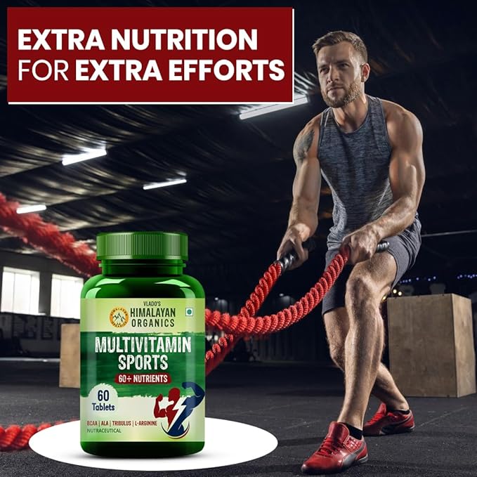 Himalayan Organics Organics Multivitamin Sports with 60+ Nutrients | Vitamin B1B2B3B5B6B12AECDKBiotinCalciumZinc | Good for Brain Eye Muscle &amp Joint Care - 60 Veg Tablets