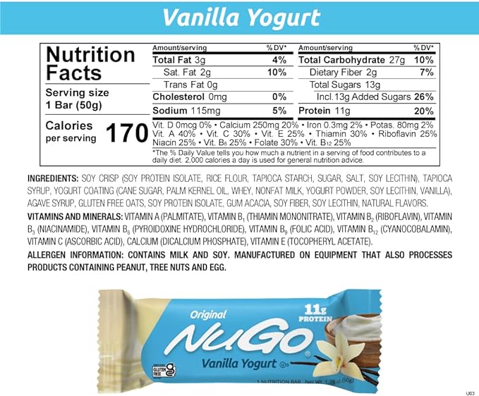 NuGo Original Variety Vanilla Yogurt 15 bars &amp Peanut Butter 15 bars 11g Protein Gluten Free 30 Count