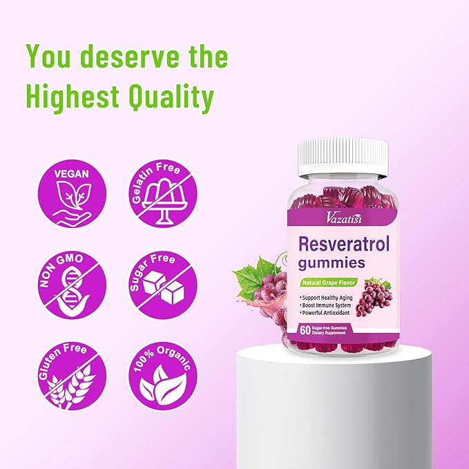 High Purity Resveratrol Gummies 98% Trans-Resveratrol with Quercetin Coq 10 Vitamin C Reservatrol Supplement for Antioxidant Anti-Aging 120 Gummies