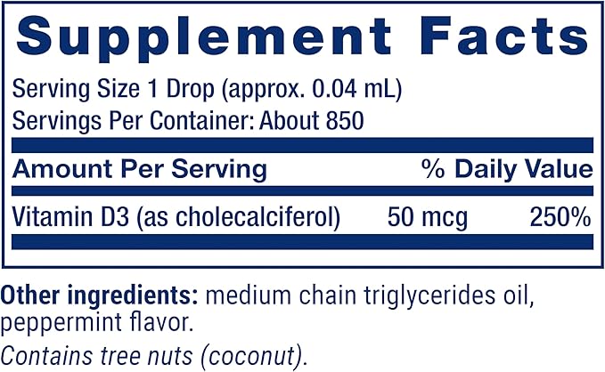 Life Extension Liquid Vitamin D3 (Mint) 50 mcg (2000 IU) Immune System Support Bone Health Whole-Body Health Tasty Peppermint Flavor Gluten Free Non-GMO 29.57 ml