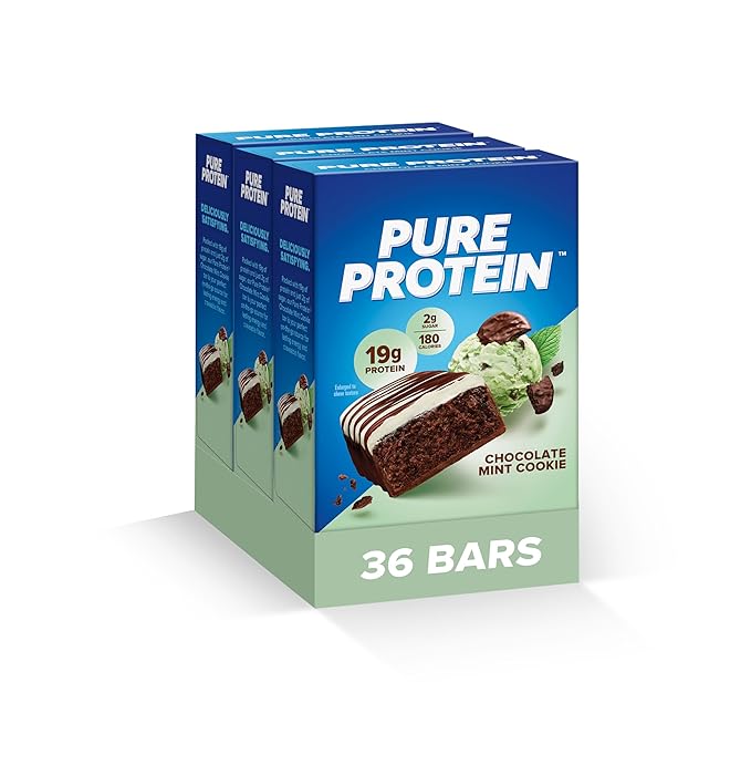 Pure Protein Chocolate Mint Cookie Protein Bars – 20g Protein 3g Sugar 190 Calories (36 count) Low Sugar* High Protein Snack - Gluten Free - Perfect for a Healthy Snack