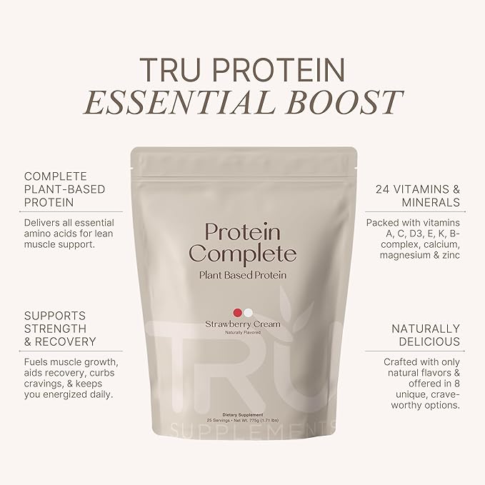 TRU Supplements Plant Based Protein Powder BCAA EAA 20g Vegan Brown Rice &amp Pea Protein 100 Calories 27 Vitamins No Artificial Flavors 25 Servings (Strawberry Cream)