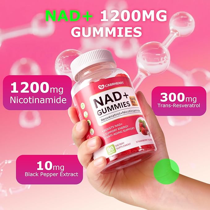 NAD Gummies for Women Men-1200mg Liposomal NAD+Resveratrol SupplementNicotinamide RibosideQuercetin for Anti-AgingCell ActivationDNA RepairStrawberry Flavor90 Count