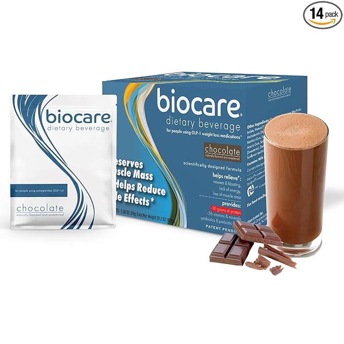 Biocare Nutritional Beverage for GLP-1 Users Dietary Powder Drink Provides 30 g Essential Protein 26 Vitamins/Minerals Helps Ease Nausea Bloating Constipation Chocolate Shake 14ct