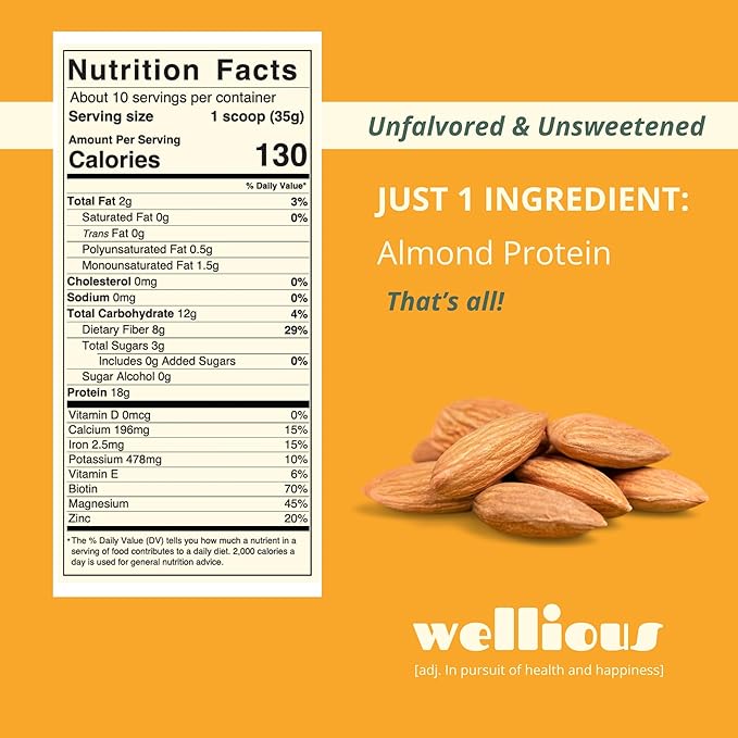 wellious Almond Protein Powder Bundle (1 Chocolate &amp 1 Unflavored) - 18 Grams of Pure Healthiest Vegan Protein - Gluten-Free Soy-Free Gut Friendly Protein Powder for Sports Nutrition