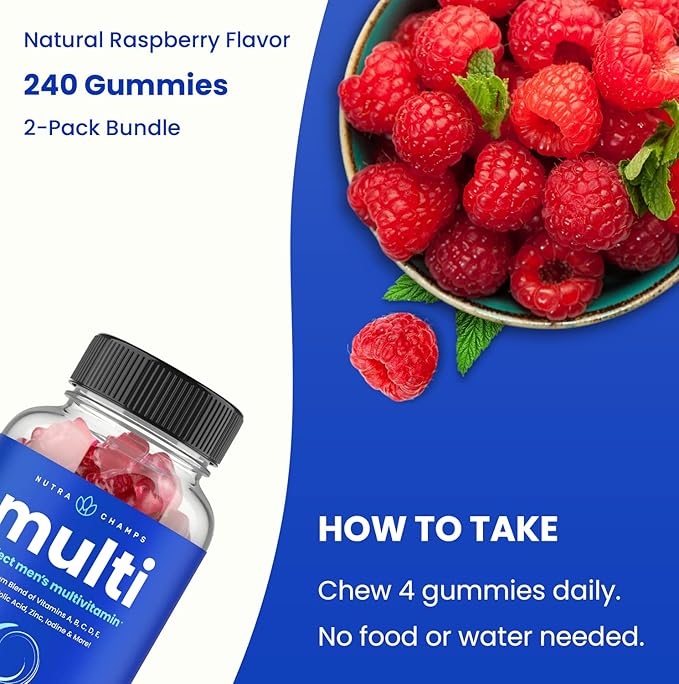 NutraChamps Multivitamin for Men 240 Count Vitamins A B C D E Biotin Zinc Mens Gummy Multivitamins Supplement Chewable Daily Multi Gummy Vitamins for Men (Pack of 2)