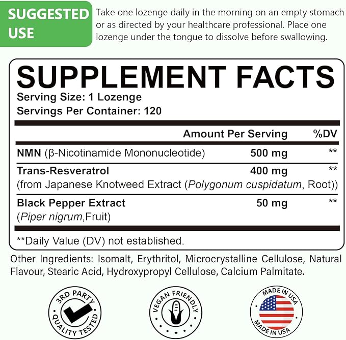 Sublingual NMN 500mg + Trans-Resveratrol 400mg 3-in-1 Advanced Formula 99% Pure NMN Resveratrol Supplement for Boost* NAD Cell Immune Energy &amp Muscle Anti-Aging 120 Lozenges 120-Day Supply