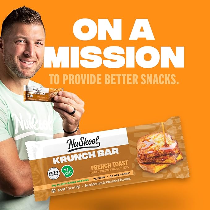 NuSkool Snacks French Toast Keto Friendly Protein Krunch Bars (12 Pack) - 7g Fiber 10g Clean Plant-Based Protein 3g Net Carbs - Gluten-Free Non-GMO Vegan Low Carb Keto Healthy Breakfast Snack